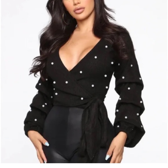 Fashion Nova Black Tie Sweater with Pearl Details - Picture 1 of 6